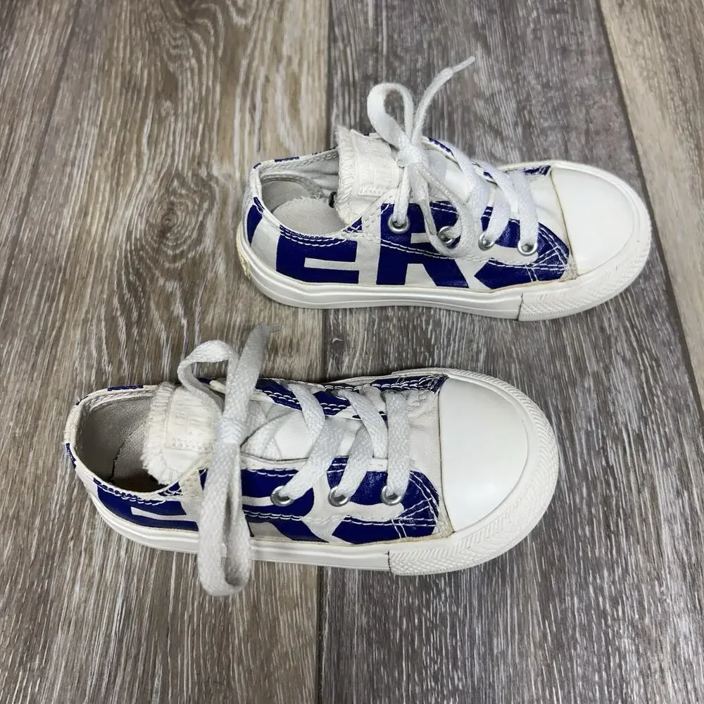 Converse Infant Youth US Size 8 White Blue Lettering Low Top Sneaker Shoes